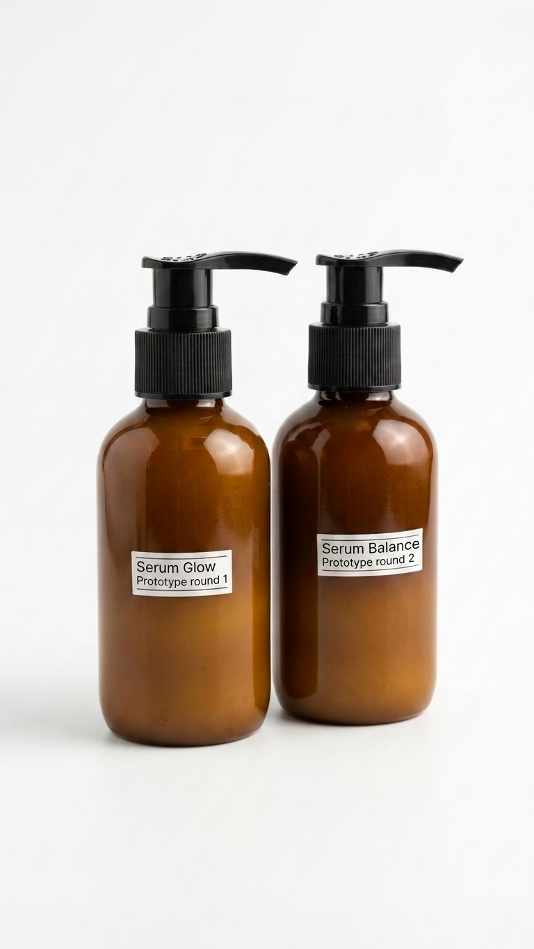 Unbranded amber serum prototypes shown in a confidential product-format presentation